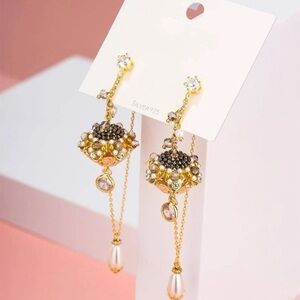 Cubic Zirconia Decor Geo Cultured Pearl Drop Earrings NEW Bollywood Tassel Boho